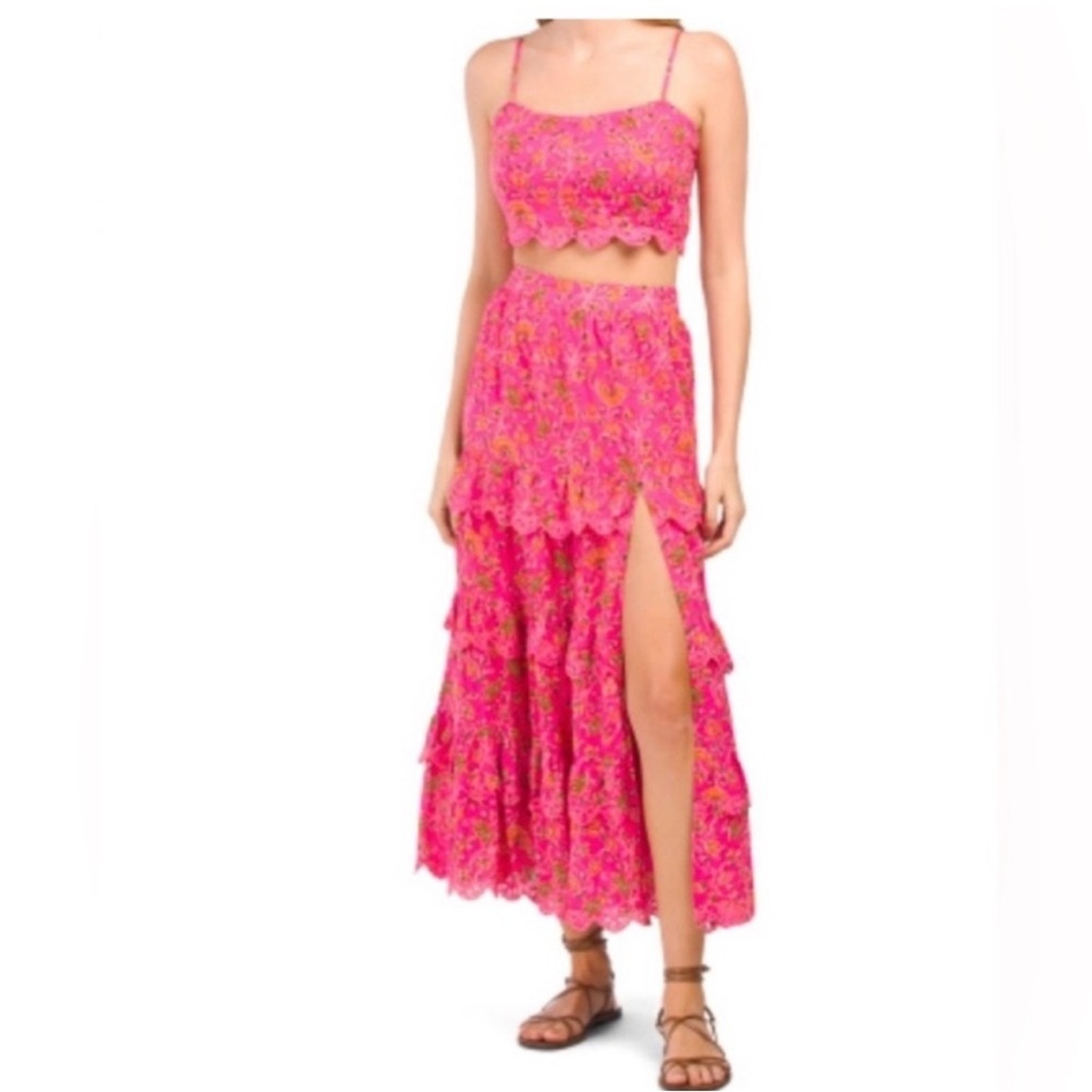 Caroline Constas Pink Floral Embroidered Tiered Ruffle Set S